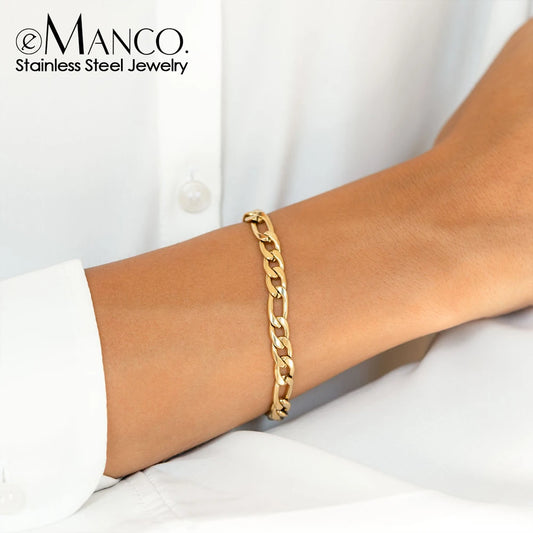 E-Manco Women's Figaro Chain Bracelet Stainless Steel Gold Plated Simple Hand Jewelry Wholesale